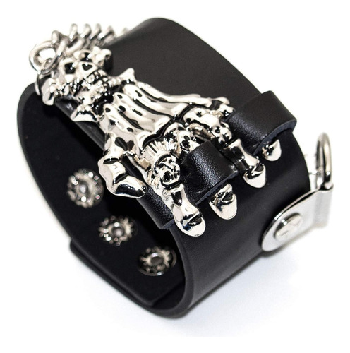 Heavstjer Pulsera De Cuero Ancha Con Cadena Y Calavera De Al