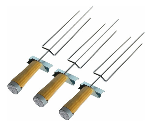 Kit 3x Espeto Giratório Tridente Cabo Madeira 110v Churrasco