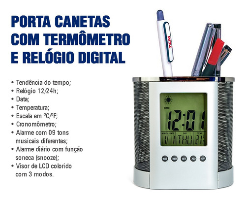 Porta Canetas Com Termometro Calendario E Display Colorido.
