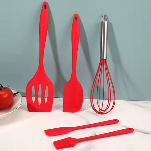 Kit 5pçs Utensilio Cozinha Colher Espatula Silicone Maciço Cor Vermelho