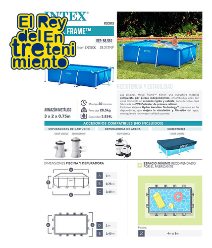 Piscina Intex Estructural 3834 L Rectangular 300x200 El Rey