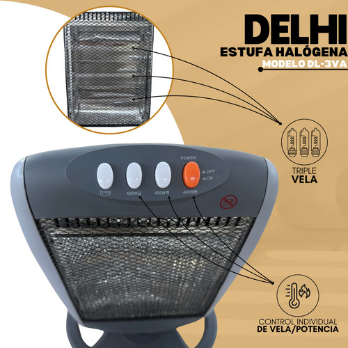 Estufa Giratoria Halogena 3 Velas 400w/1200w Corte Por Caida Color Gris