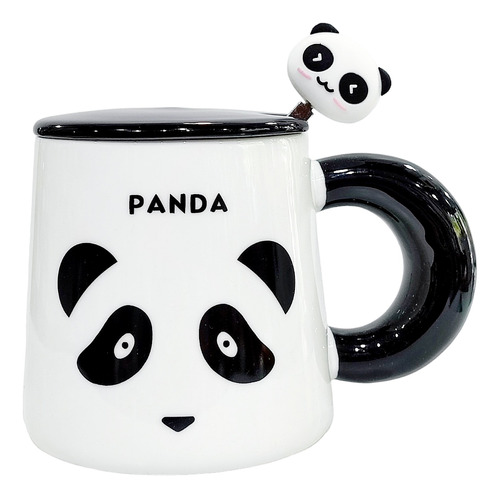 Taza Diseño Panda De Cerámica Con Tapa Y Cuchara 420ml