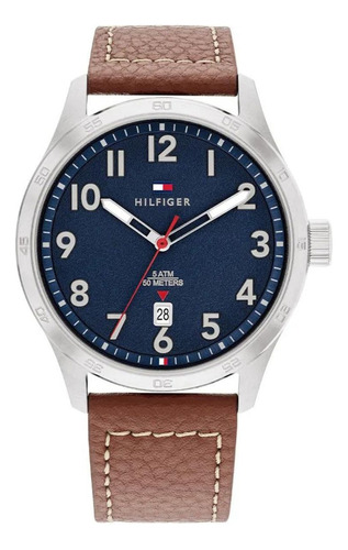 Relógio masculino Tommy Hilfiger 1710559 Clássico moderno Cor da malha: marrom, cor da moldura: prata, cor de fundo: azul