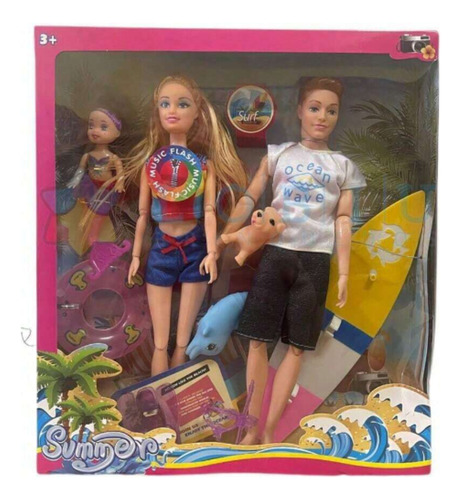 Boneca Casal Musical Mergulho Surf Com Cachorro + Acessórios