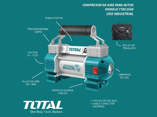 Compresor De Aire Portatil Total Doble Pistón Color Turquesa/Plateado Fase eléctrica Monofásica Frecuencia 50 Hz