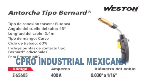 Antorcha Mig Tipo Bernard 400 Amp Nb400-3.6 Conexión Tipo Eu