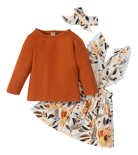 3pcs Conjunto Bebé Con Blusa Diadema Y Falda De Tirantes Naranja Oscuro 6-9 M