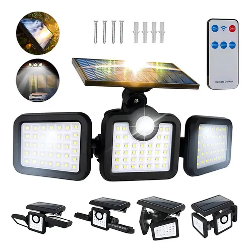 Lampara Solar Con 3 Cabezales Sensor De Movimiento 108 Leds Estructura Negro