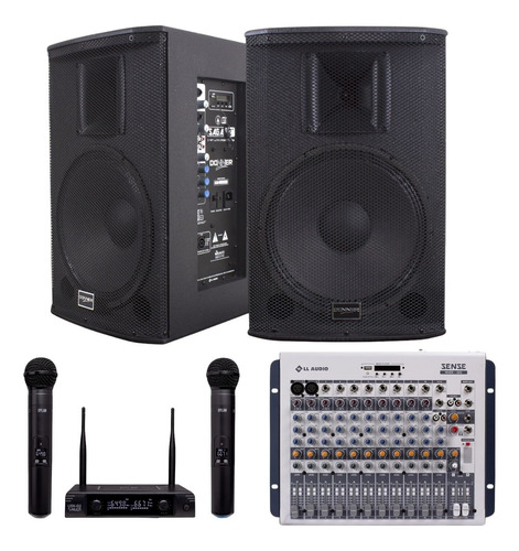 Kit Saga 12 Ativa Passiva 380w Mesa De Som Microfone S/ Fio