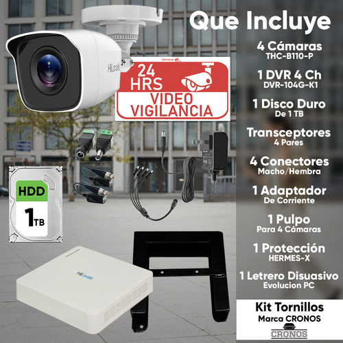 Hilook Kit Video Vigilancia 4 Cámaras Bala 1mp 720p Modelo Kit4bp-plus-sc+1tb con Disco Duro 1TB + Protección Antivandálica para DVR / Visión Nocturna Compatible Con App Hik-connect / Circuito Cerrado