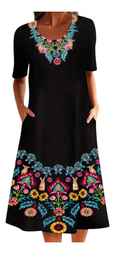 Vestido Casual De Mujer De Media Manga Con Cuello Redondo Es