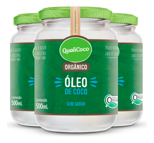 Kit 3 Óleo De Coco Sem Sabor Qualicoco 500 Ml Orgânico