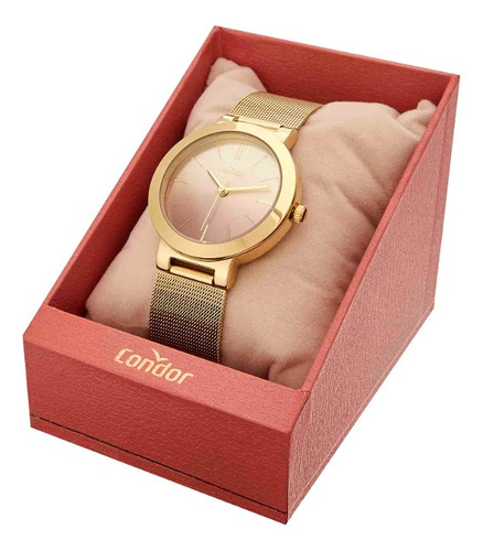 Relógio Feminino Dia A Dia Dourado Com Fundo Rosa Condor