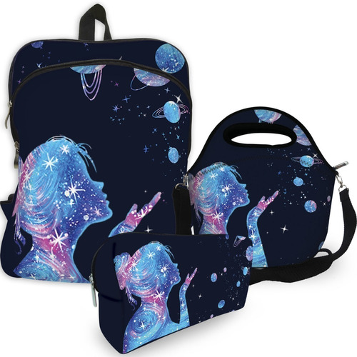 Kit Mochila + Lancheira + Necessaire Menina Galaxia Estudo