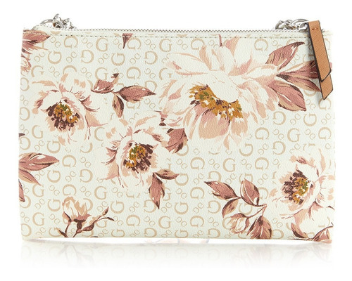 Bolsa Guess Mini Double Zip Crossbdy Acabado de los herrajes Niquel Color Blanco Diseño de la tela Floreado