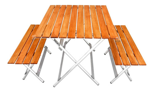 Imagen 1 de 10 de Mesa Plegable Aluminio Madera 84x75 + 2 Bancos Balcon Jardin