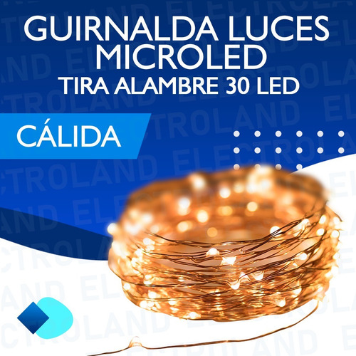 Imagen 3 de 10 de Luces Guirnalda Microled Calidas Alambre Tira 30 Led A Pila