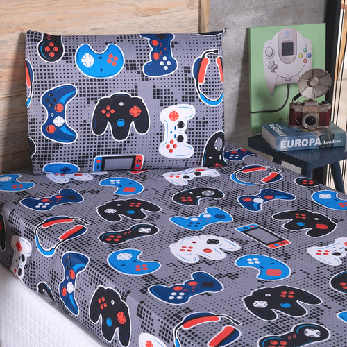 Kit Edredom 3 Peças Infantil Solteiro Game Play 300 Fios Cor Cinza Desenho Do Tecido Astronauta