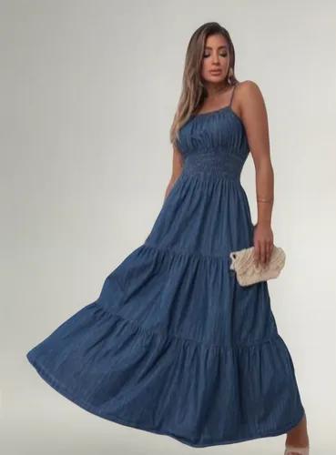 Vestido Jeans Longo Vestido Jeans Longo De Alça Com Elastico Fenda Lateral