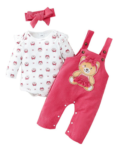 3 Pcs Conjunto Tierno Bebé Con Estampado De Osito Y Diadema Rosa 0-3 M