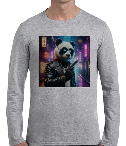 Remera Hombre Ml Panda Con Un Arma Ciudad Campera Cuero