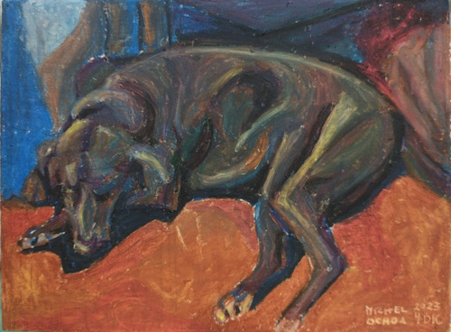 Pintura Retrato Perro Dormido Pastel Graso En Madera 15x20cm