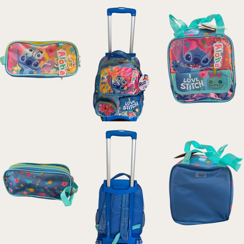 Kit Completo Mochila Escolar Con Ruedas Stitch Aloha Azul Claro Stitch Aloha R