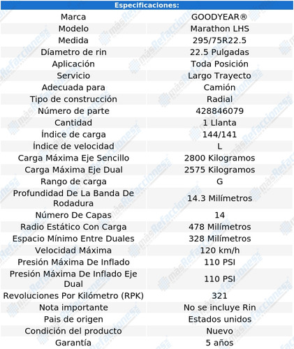 Llanta Camión 295/75r22.5 Marathon Lhs 14c T/p Good Year