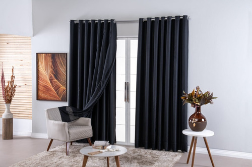 Cortina Blecaute Tecido  6,00x2,10 Com Voil Sala/quarto Cor Preto