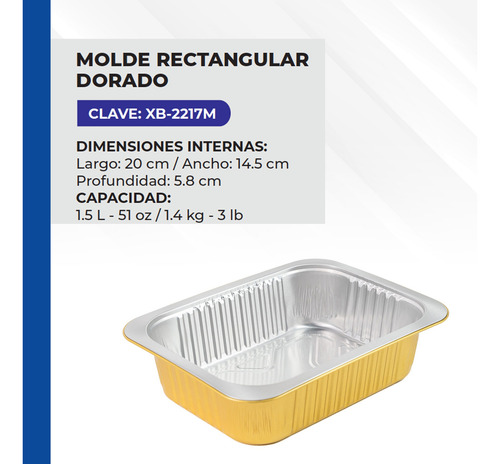 Molde De Aluminio Rectangular Dorado 20x14.5x6cm 50pz Dorado