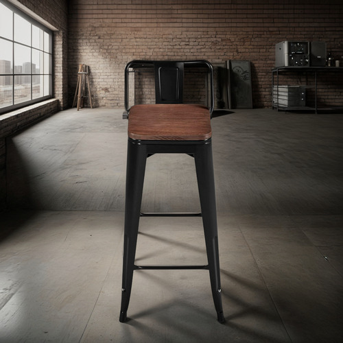 Taburete Tolix Negro Alto - Asiento De Madera