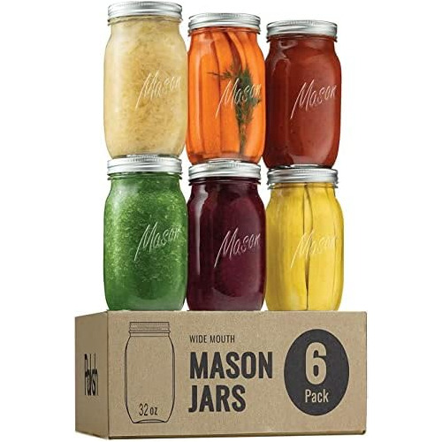 Mason Jars 32 Oz - 6-pack Wide Mouth Glass Jars With Li...