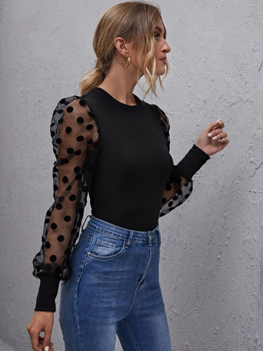 Blusa De Manga Farol Malla Con Lunares Cuello Redondo