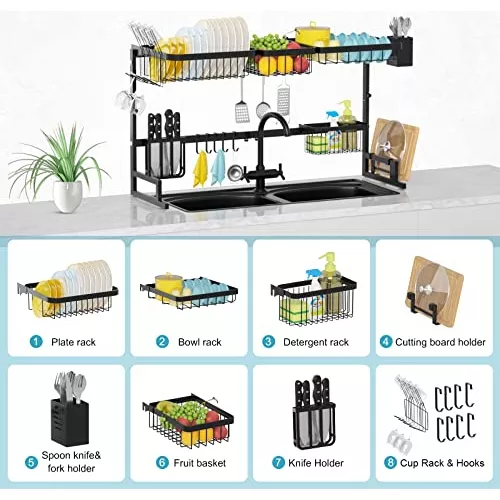 MERRYBOX Escurridor de platos grande para colocar sobre el fregadero (33.4  a 41.3 pulgadas), escurridor de platos ajustable de 2 niveles para