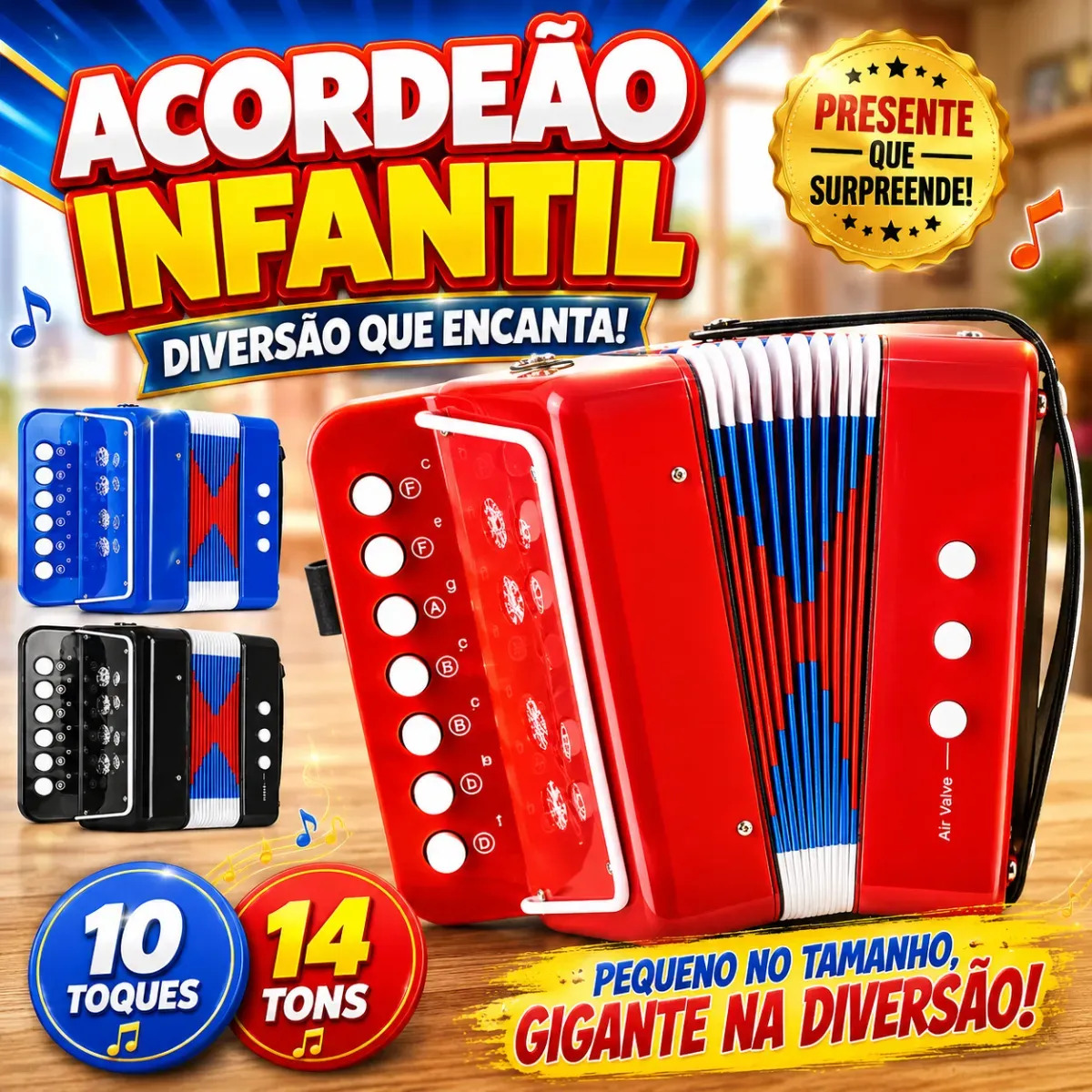 Sanfona Acordeão Infantil Musical com Fole para Crianças