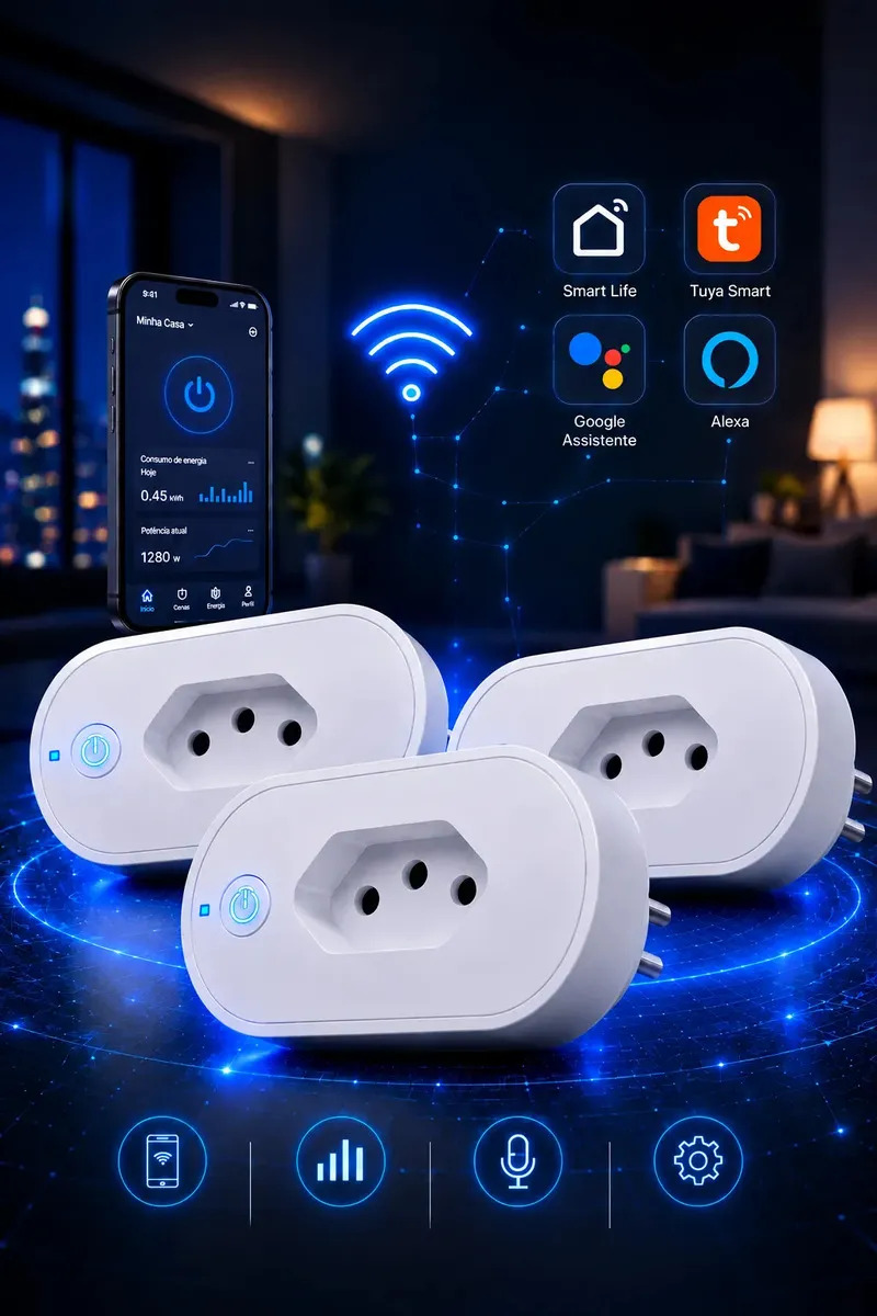 Kit 3 Tomada Inteligente Wi-Fi 16A Bivolt Qonex Automação Smart Plug Interruptor com Monitor de Consumo Compatível Alexa e Google Home