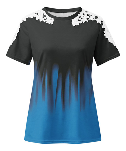 Camiseta Estampada Con Cuello Redondo Y Costuras De Encaje D