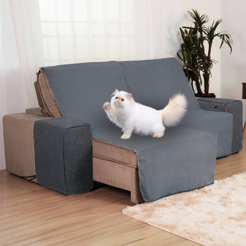 Kit Capa Sofá Retrátil Manta Antigato Arranhador 2,20m Top Cor Cinza Suede