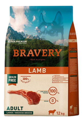 Comida Para Perro Adulto Raza Grande Bravery Cordero 12kg