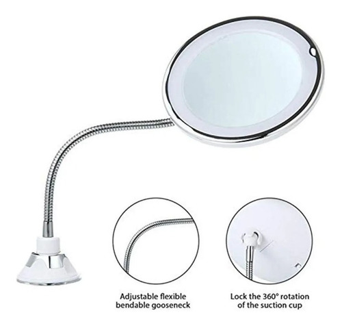 Espejo Sopapa Flexible Aumento X10 Ventosa Baño Cromado Luz