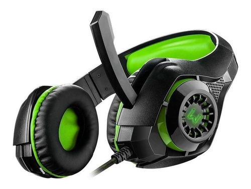 Fone de ouvido gamer Warrior Rama preto e verde com luz verde LED