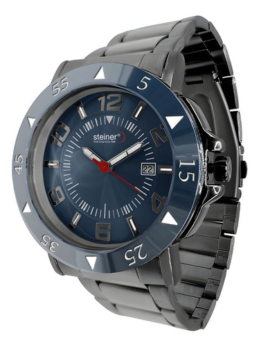 Reloj De Hombre Steiner Con Bisel Giratorio Y Fechador 3 Atm Correa Negro Bisel Azul oscuro Fondo Azul oscuro