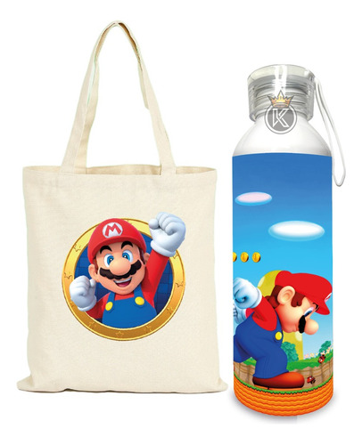 Tote Bag Bolsa Mario Bros + Botella En Aluminio -estampaking