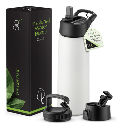 Botella de agua de acero inoxidable con triple aislamiento SipX™ de 739 ml con 3 tapas. Reutilizable, sin BPA, mantiene el frío 24 horas (Blanco).