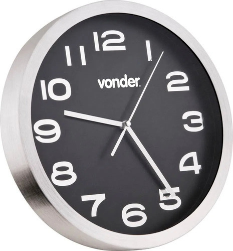 Relógio De Parede Prata Escovado C/ Fundo Preto 36cm Vonder 