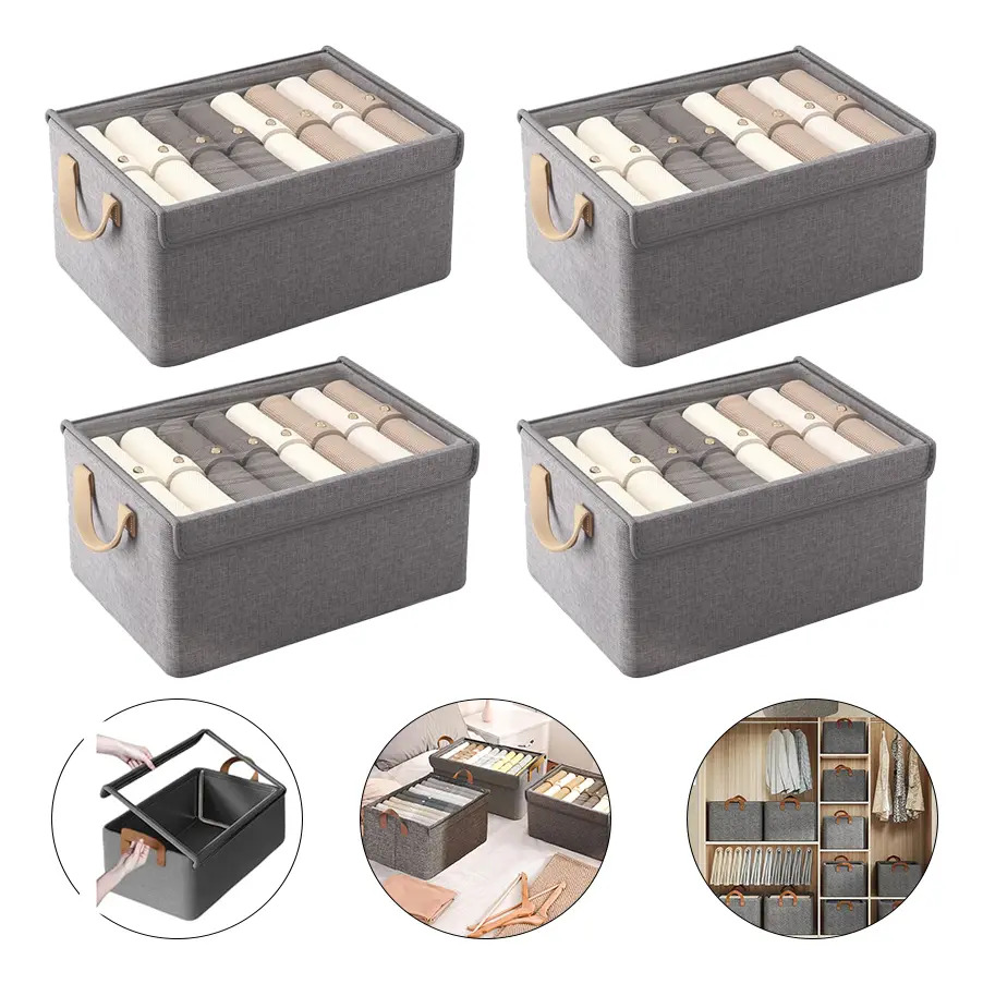 Pack de 4 Cajas Organizadoras con Tapa para Ropa y Hogar, Plegables y de Tela, en Gris