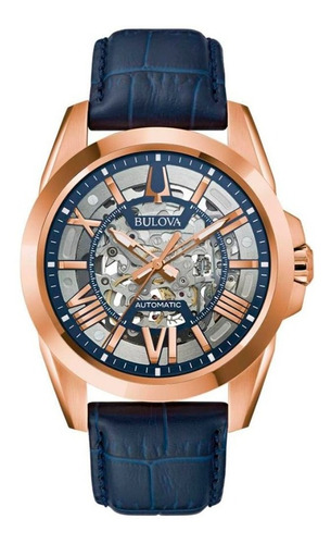 Reloj Bulova Sutton Original Automatic Piel Azul Para Hombre Correa Azul marino Bisel PVD Oro Rosa Fondo Gris/Azul