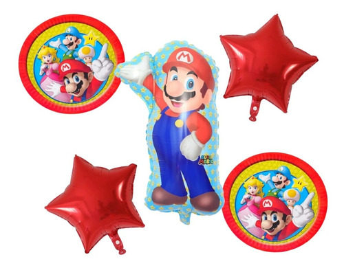 Set 5 Globos Metalizados Cumpleaños- Fiestas Mario Bros