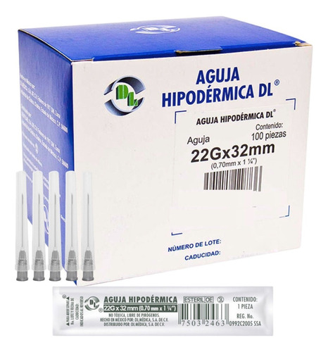 Aguja HiPodérmica Calibre 22x32 Negra Caja Con 100 Capacidad en volumen 1 mL